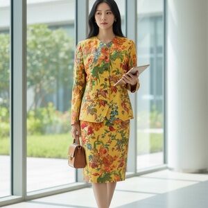 Vtg Geiger Blazer Suit Skirt Yellow Floral Spring Aztec Women’s 40/38